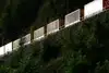 Containertransport per Güterzug auf einer Bahnstrecke in bewaldeter Landschaft