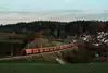 Güterzug mit roten Wagen fährt durch eine ländliche Landschaft und passiert Felder und Häuser in der Dämmerung