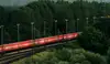 Langer Güterzug auf Bahnstrecke umgeben von Wald und Oberleitungen im ländlichen Gebiet