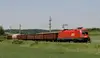 ÖBB-Lok zieht Güterwagen durch eine grüne Landschaft.