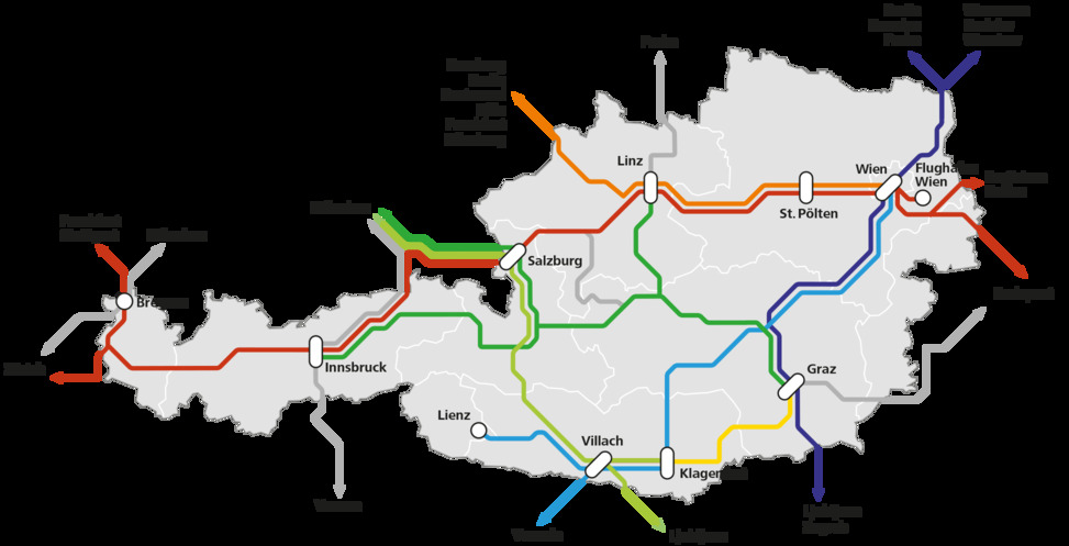 Streckenkarte Verbindungen in Österreich