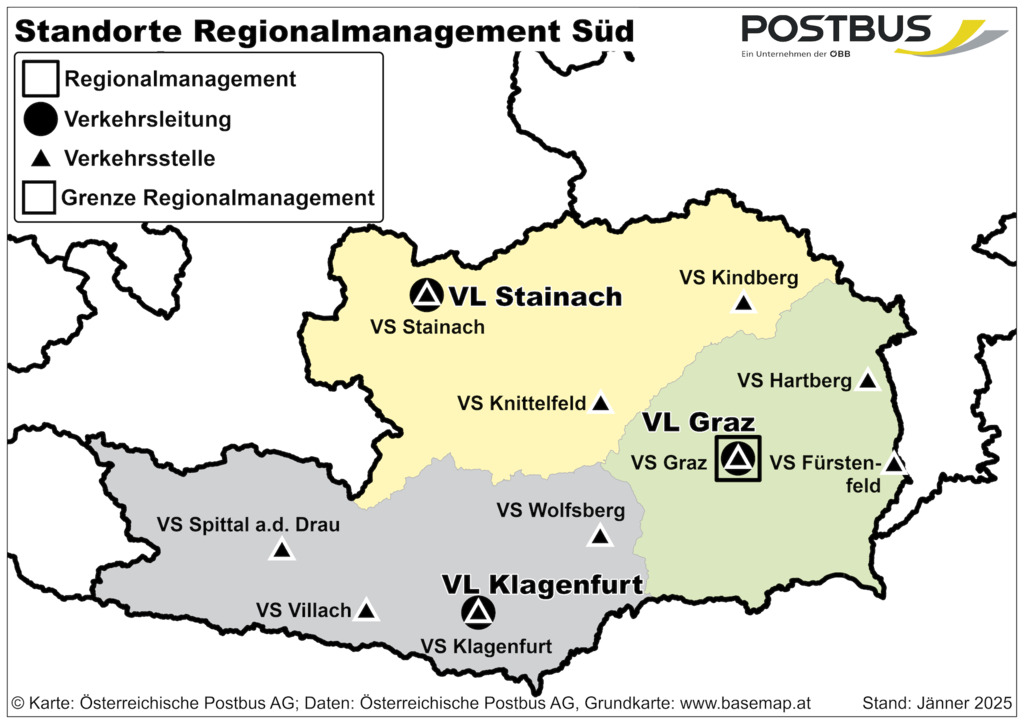 Übersichtskarte der Postbus Südregion © ÖBB Postbus