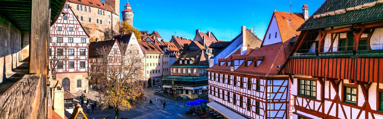 old town of medieval Nuremberg with traditional architecture, view from city wall. Travel in Germany