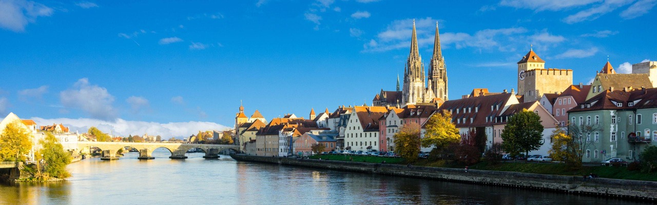 Stadtpanorama von Regensburg mit Dom mit Brücke