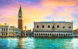 Venice landmark at dawn Piazza San Marco with Campanile and Doge Palace Italy