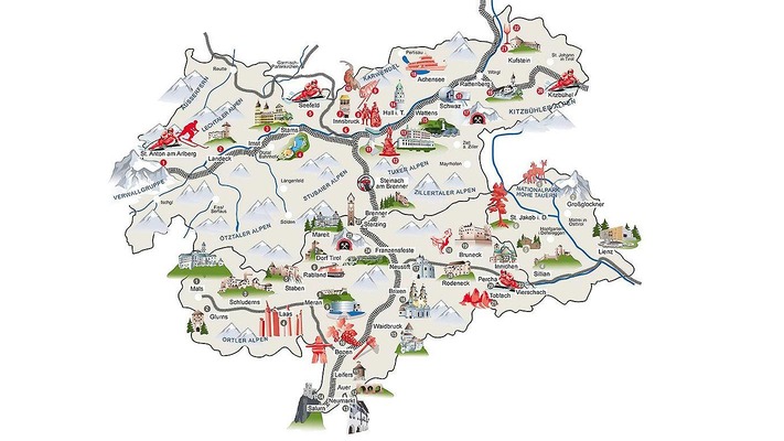 Map with excursion destinations in Tyrol 