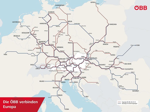 Übersichtskarte der ÖBB Zug-Verbindungen in Europa