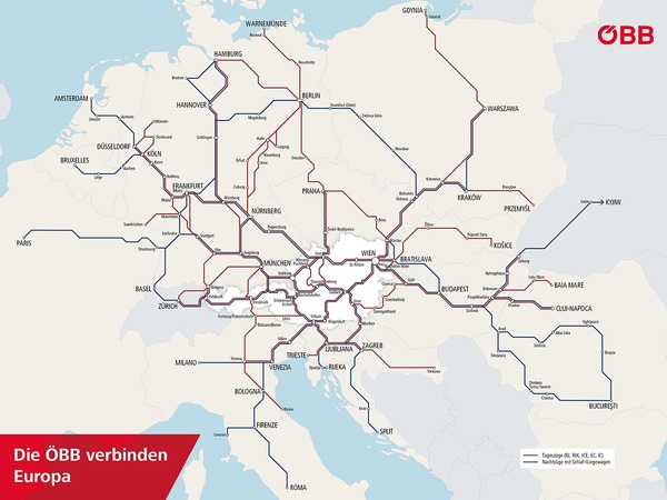 Übersichtskarte der ÖBB Zug-Verbindungen in Europa © ÖBB Übersichtskarte der ÖBB Zug-Verbindungen in Europa