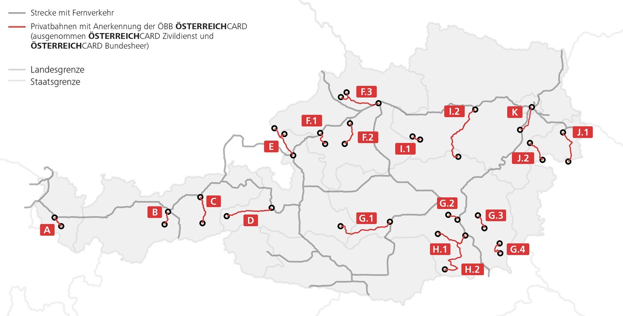 Gültigkeitsübersicht der Österreichcard bei Privatbahnen. Fernverkehrs- und Privatbahnstrecken sind hervorgehoben. Ausnahme sind die Österreichcard Zivildienst und Österreichcard Bundesheer. © ÖBB Werbung
