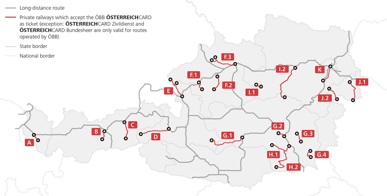 Acceptance of the Österreichcard by private railways. Long distance- and private railway-routes are highlighted. © ÖBB Werbung