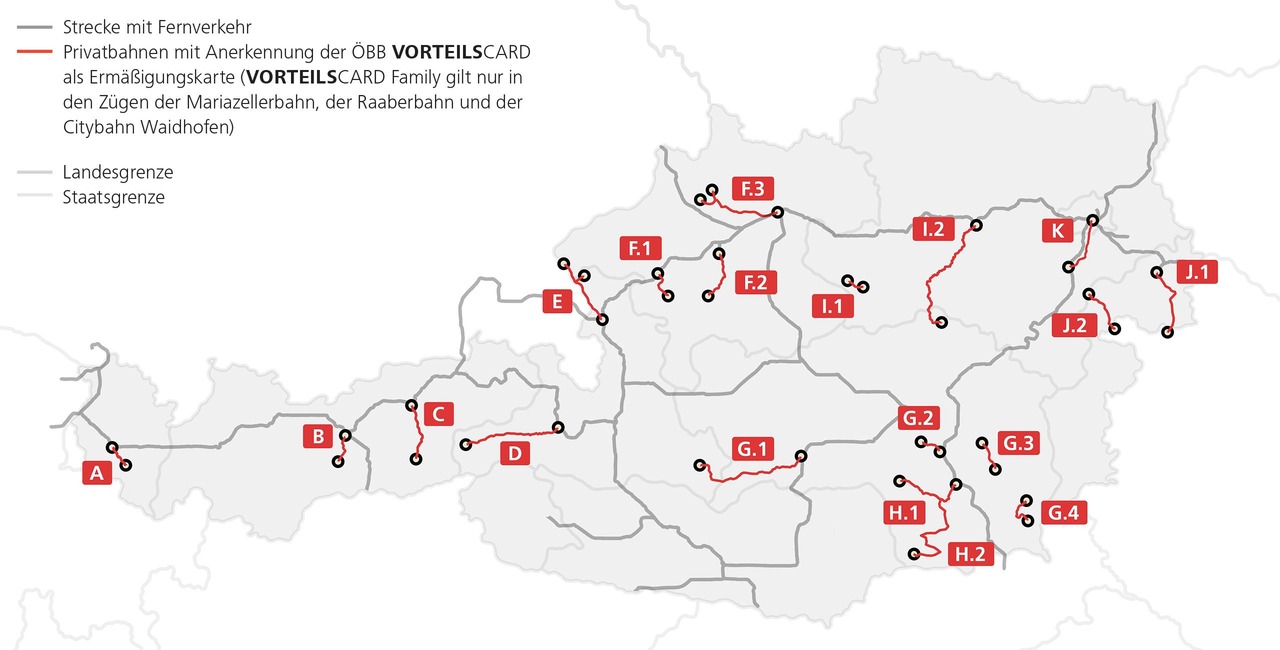 Gültigkeitsübersicht der Vorteilscard bei Privatbahnen. Fernverkehrs- und Privatbahnstrecken sind hervorgehoben. Die VC Family gilt nur auf der Mariazellerbahn, der Raaberbahn und der Citybahn Waidhofen.