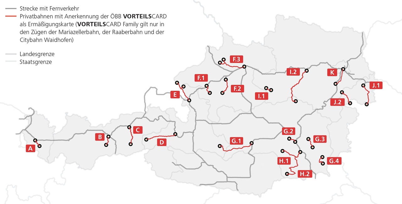 Gültigkeitsübersicht der Vorteilscard bei Privatbahnen. Fernverkehrs- und Privatbahnstrecken sind hervorgehoben. Die VC Family gilt nur auf der Mariazellerbahn, der Raaberbahn und der Citybahn Waidhofen. © ÖBB Werbung