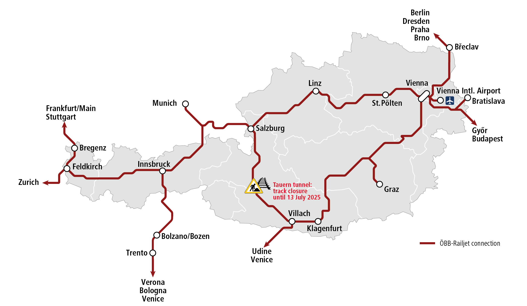 Overview rail network ÖBB Railjet