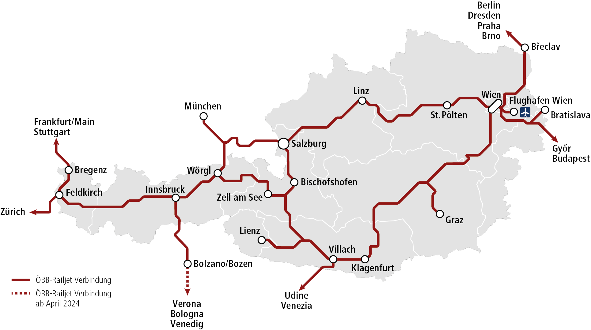 Overview of the route network of the ÖBB Railjet 
