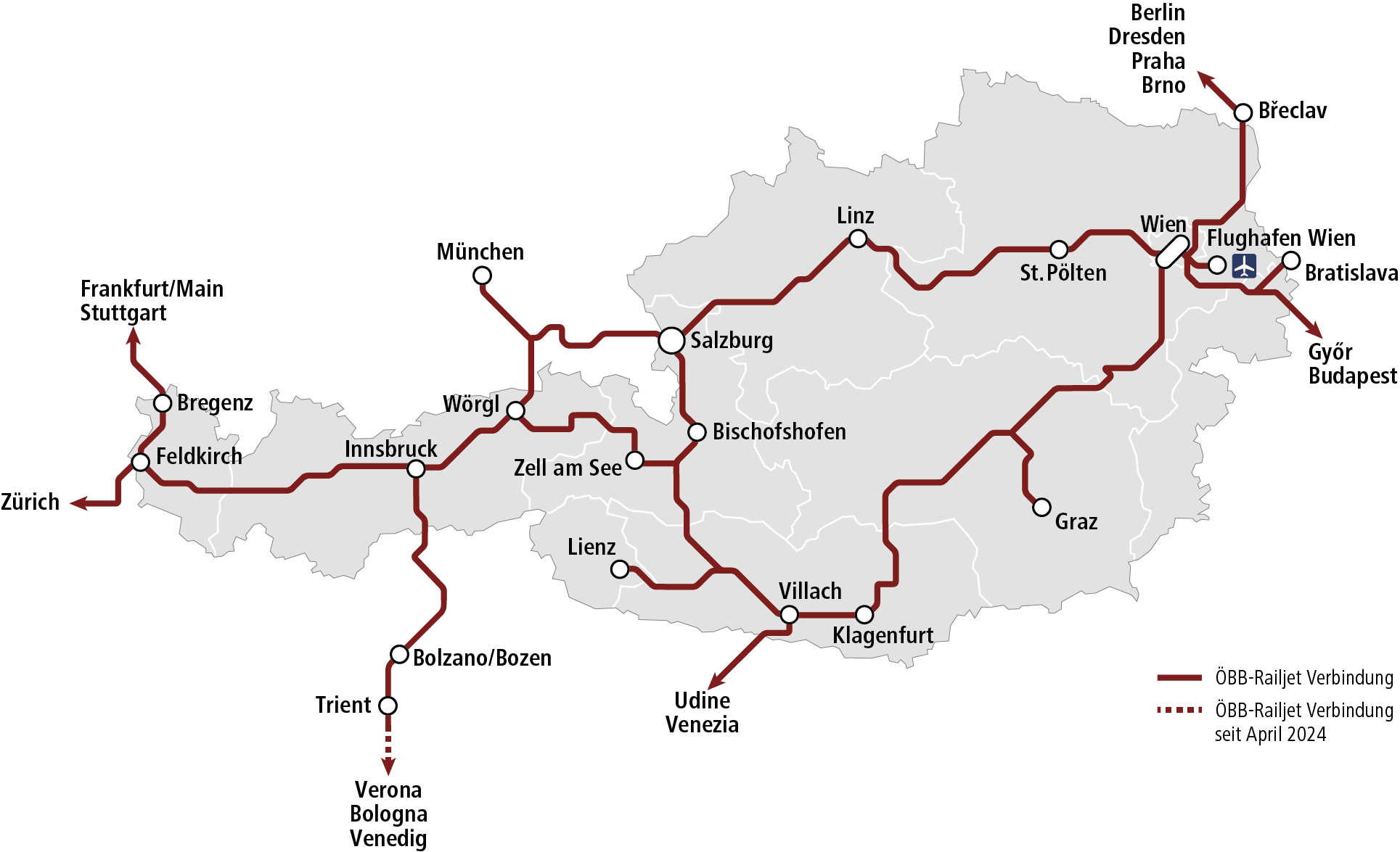 Overview of the route network of the ÖBB Railjet 