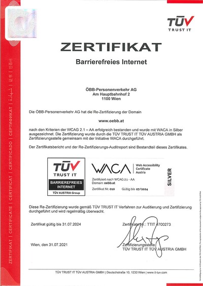 WACA Zertifikat oebb.at © WACA