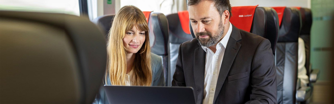 Mann und Frau in Business-Abteil schauen auf Laptop