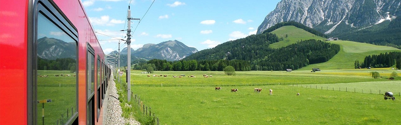 View from the train onto a green meadow near Bad Mitterndorf, Grimming