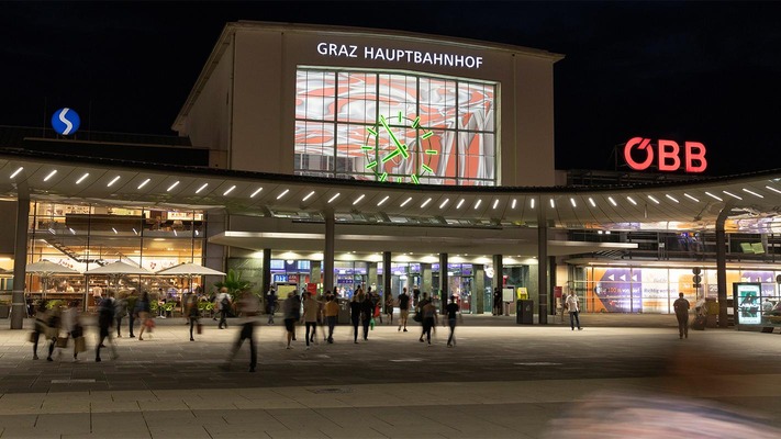 Forecourt of Graz Central Station at night