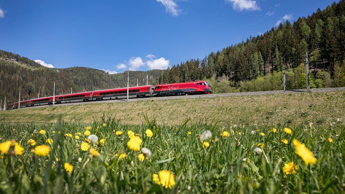 Railjet in Frühlingslandschaft